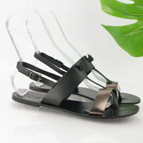 Bahia Womens Sandal Size 10 Black Gold Flat Leather Roman Thong Slingback Italy - Picture 8 of 14